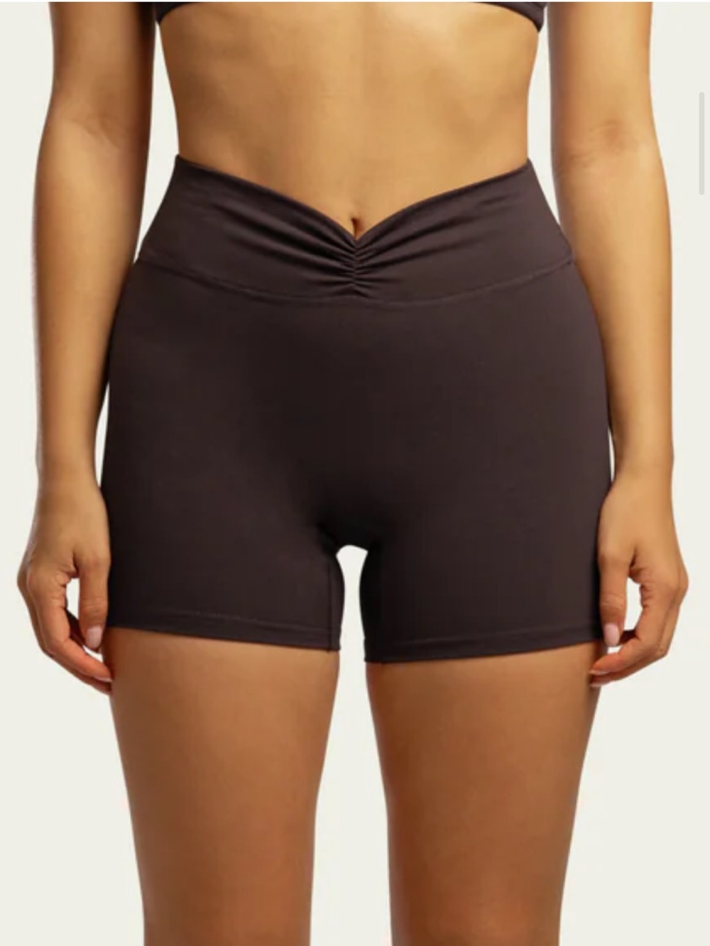 Brown scrunch waist bicycle shorts by Adanola